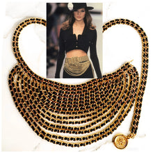 Load image into Gallery viewer, CHANEL ICONIC 15 LAYER DRAPED GILT AND LEATHER LACED BELT NECKLACE 1993
