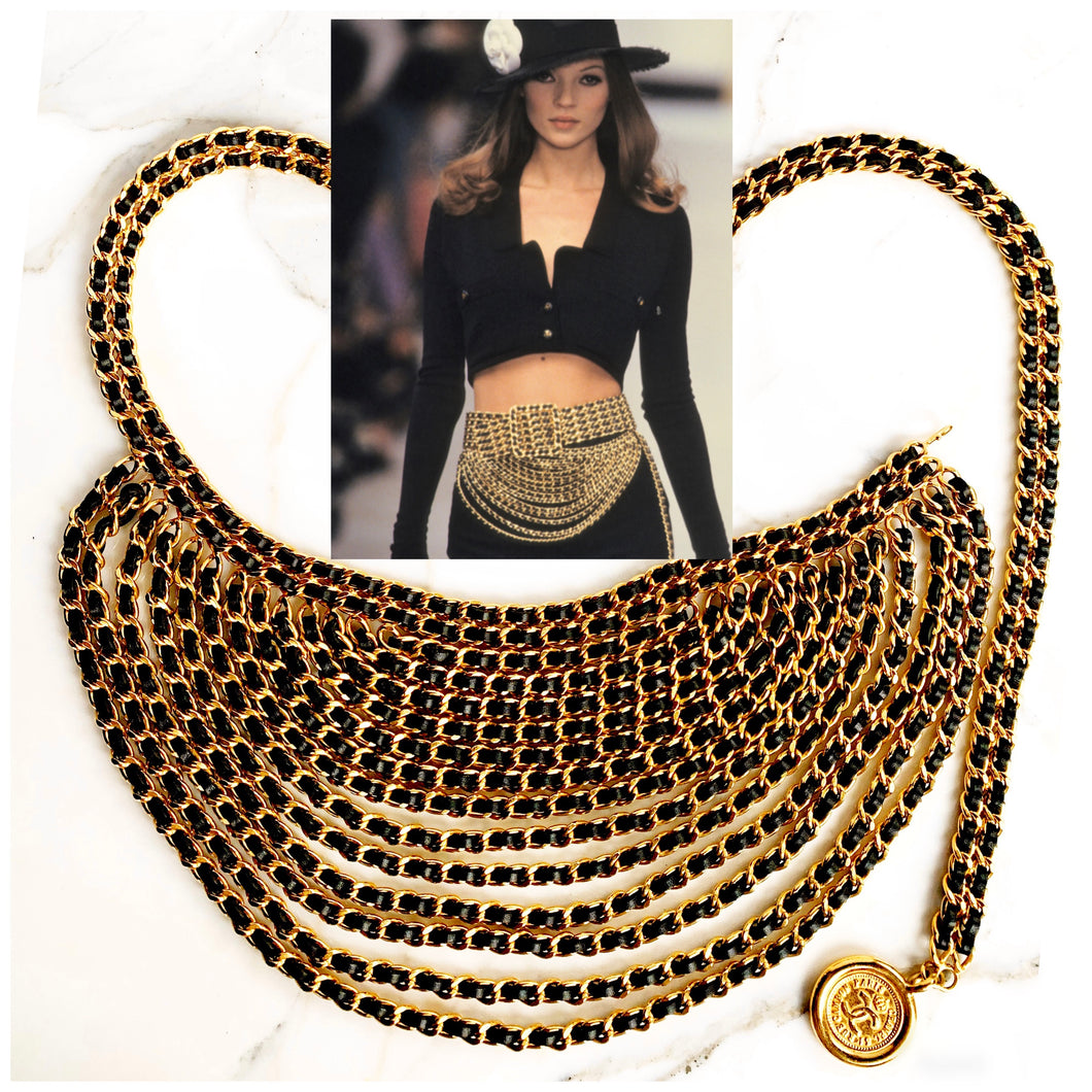 CHANEL ICONIC 15 LAYER DRAPED GILT AND LEATHER LACED BELT NECKLACE 1993