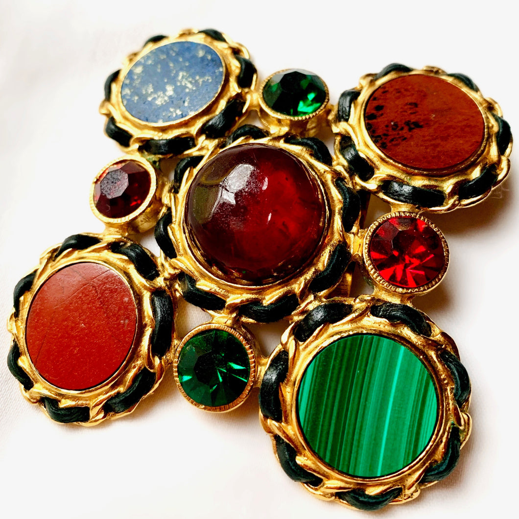 CHANEL RARE COUTURE GRIPOIX POURED GLASS GENUINE GEMSTONE 1995 BROOCH